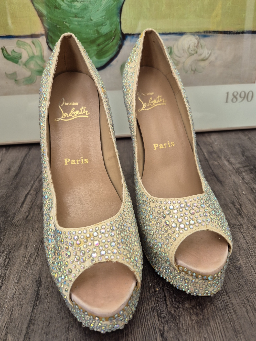 Christian Louboutin Ivory Iridescent Crystal Peep-Toe Platforms